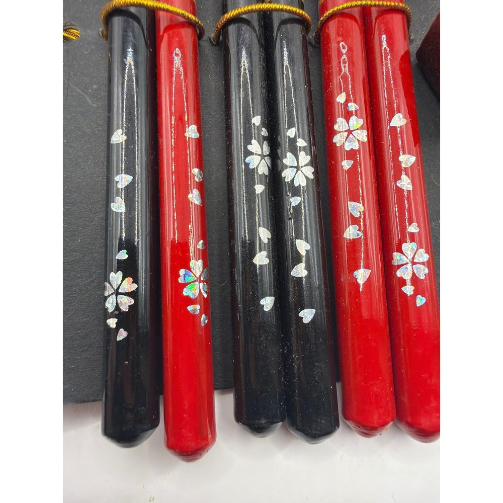 3 Pair Wooden Chopstick Set with Rests Red Black Lacquer Sakura Floral Design - Picture 2 of 5